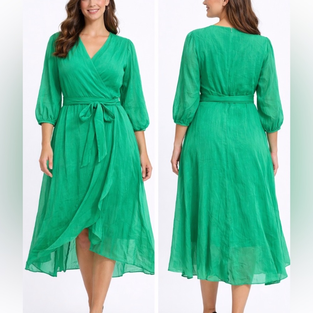 NWOT DKNY  sheer Green Wrap Midi Dress with Tie Waist , 3/4 sleeve size 16